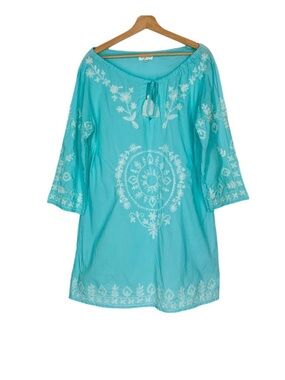 Debbie Katz Turquoise Embroidered Swim Coverup Tunic with Tie Neck